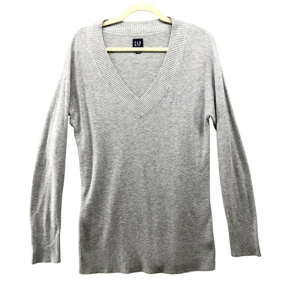 Gap Merino Wool Blend Sweater Womens S Gray V-Neck Tunic Relaxed Textured